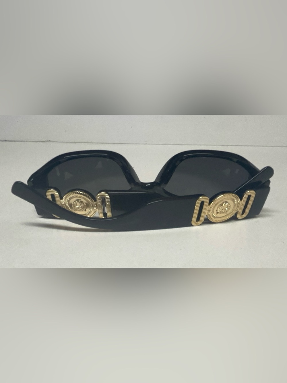 Versace Biggie Black Sunglasses - Gold Medusa Tiger Medallion - Y2K Chunky Squre - Picture 3 of 16